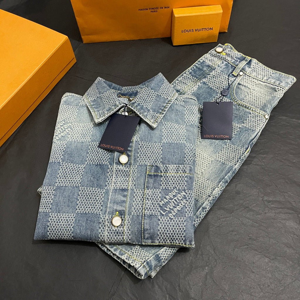 Louis Vuitton Men's Summer Blue Logo Printed Lapel Single Breasted Denim Short Sleeve Shirt Straight Jeans Shorts Set Suit #76984