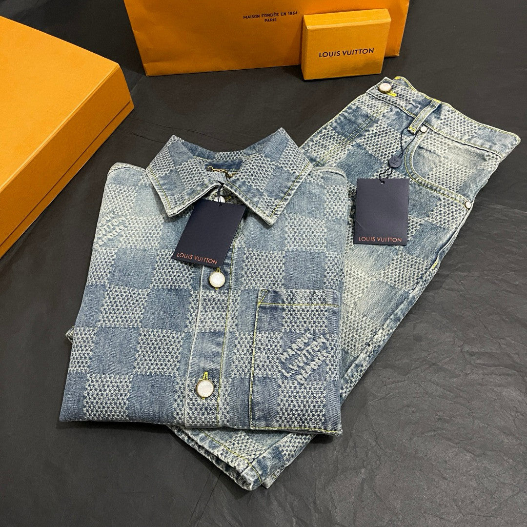 Louis Vuitton Men's Summer Blue Logo Printed Lapel Single Breasted Denim Short Sleeve Shirt Straight Jeans Shorts Set Suit #76984