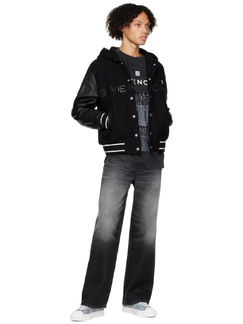 Givenchy Men's Fall/Winter Black Logo Printed Single Breasted Hooded Aviator Jacket #72996