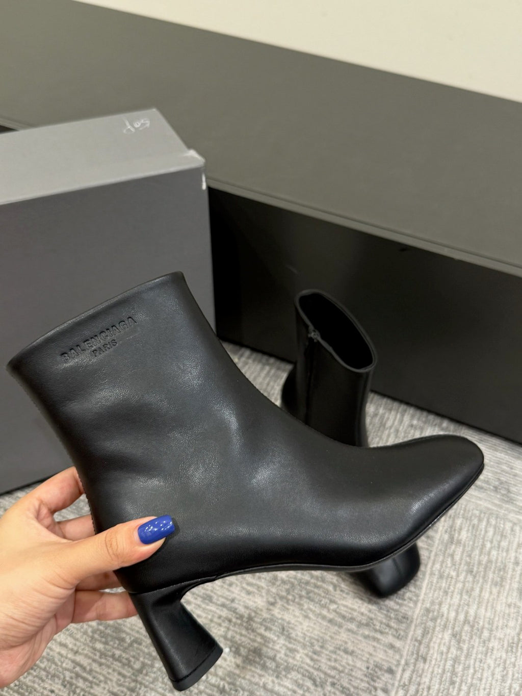 Balenciaga DUTY FREE Women's Solid Color Letter Print Cowhide Square Toe Chunky Heel Short Boots Shoes #77869