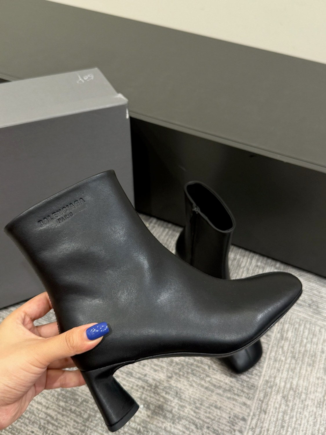Balenciaga DUTY FREE Women's Solid Color Letter Print Cowhide Square Toe Chunky Heel Short Boots Shoes #77869