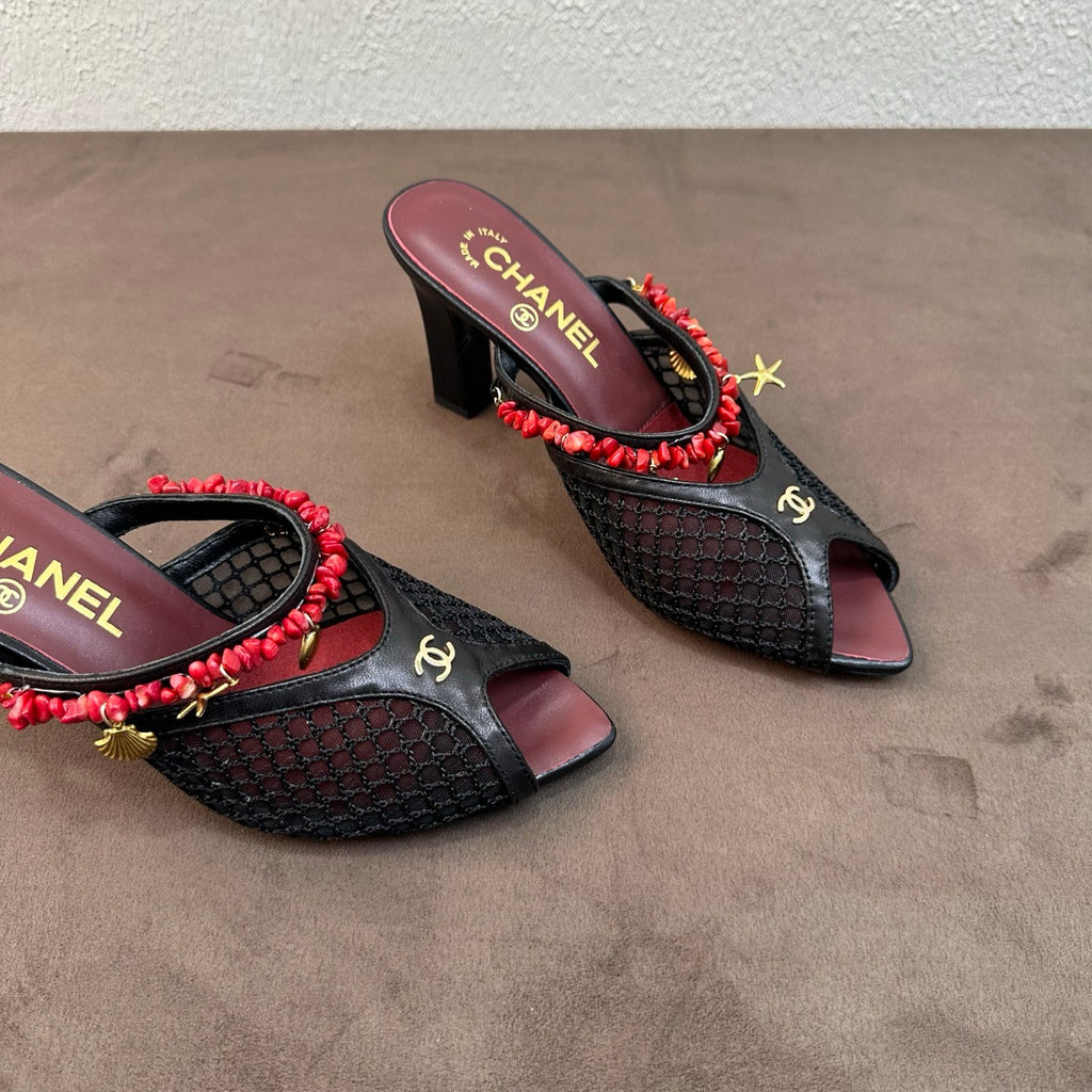 CHANEL Mules Mesh Cotton Lambskin Resin Metal Black #382390