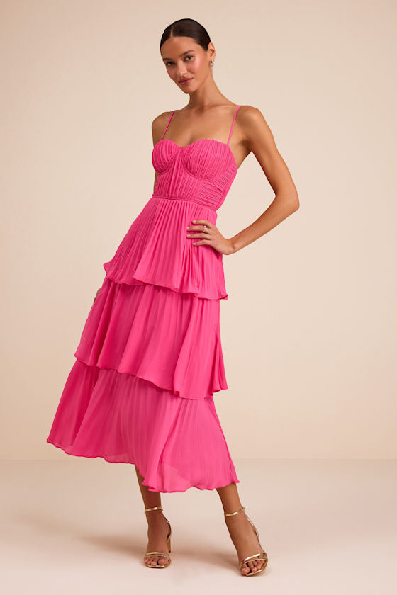 Cascading Crush Hot Pink Tiered Midi Dress