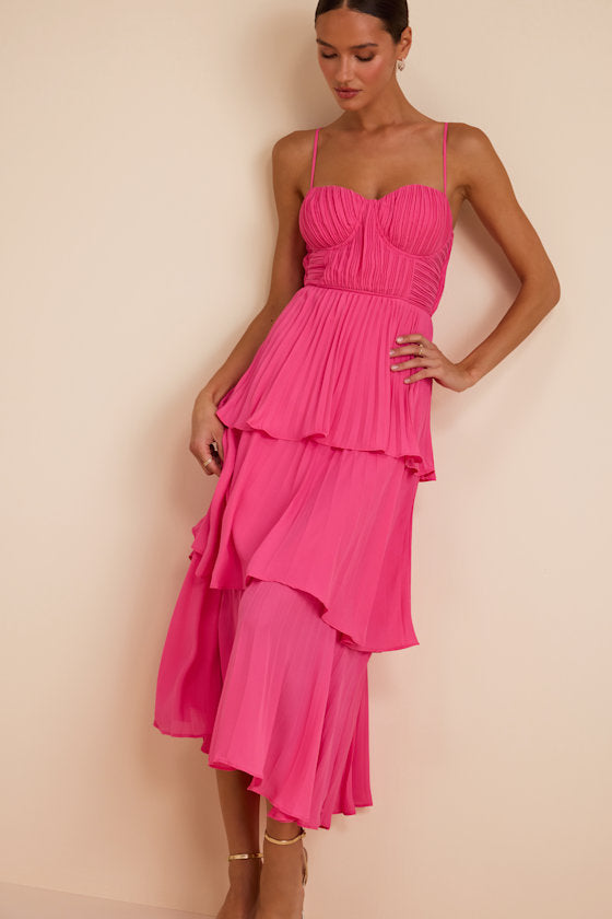 Cascading Crush Hot Pink Tiered Midi Dress