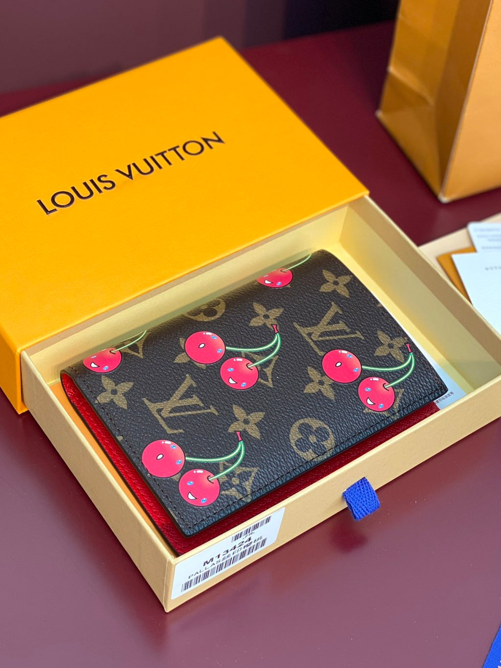 Louis Vuitton LV x TM Women's Brown Leather Passport Wallet with Cherry Pattern Print Bag Bags #77594