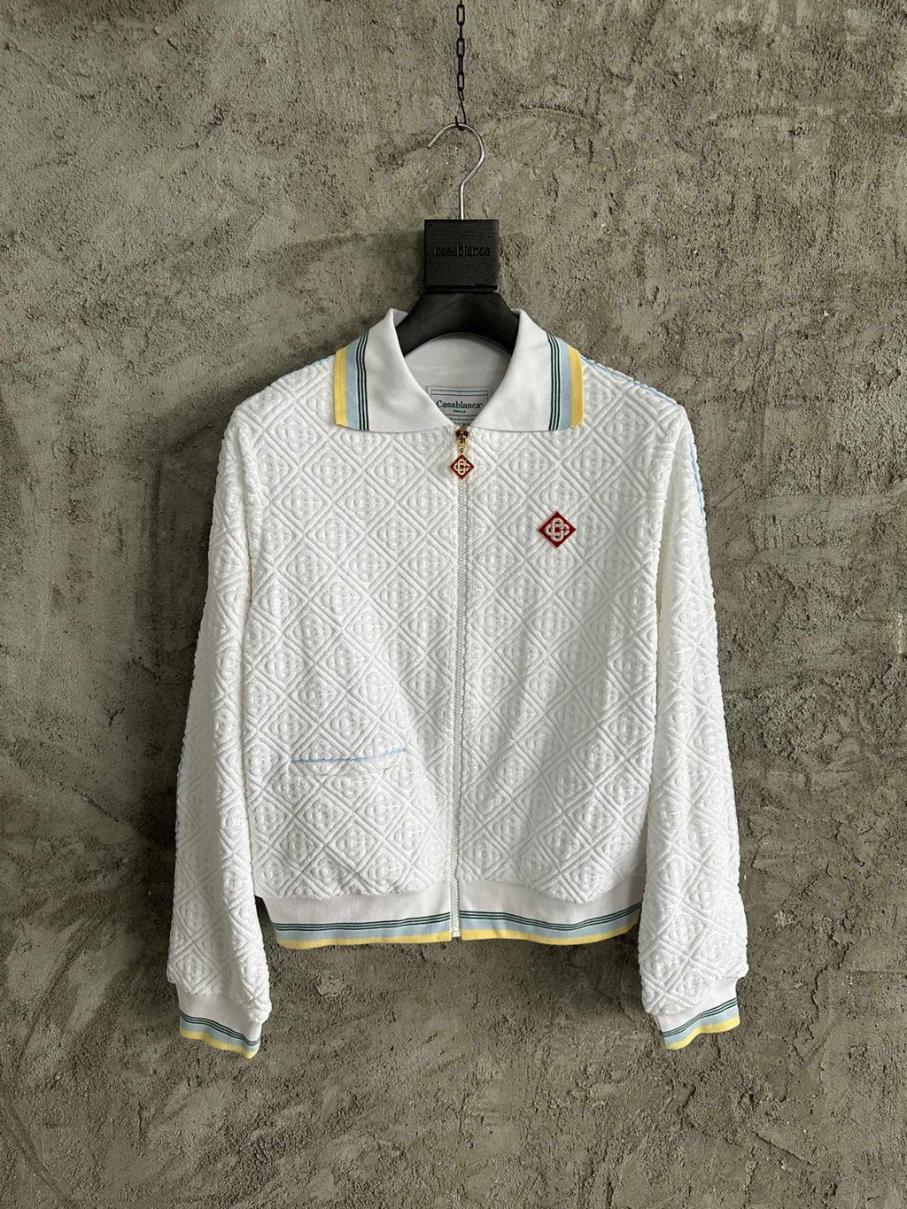 Casablanca Men's Spring & Autumn White Striped Trim Cozy Knit Zipper Lapel Long Sleeve Jacket #73815