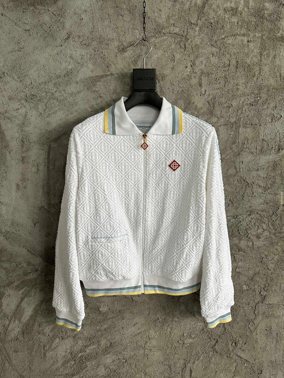 Casablanca Men's Spring & Autumn White Striped Trim Cozy Knit Zipper Lapel Long Sleeve Jacket #73815