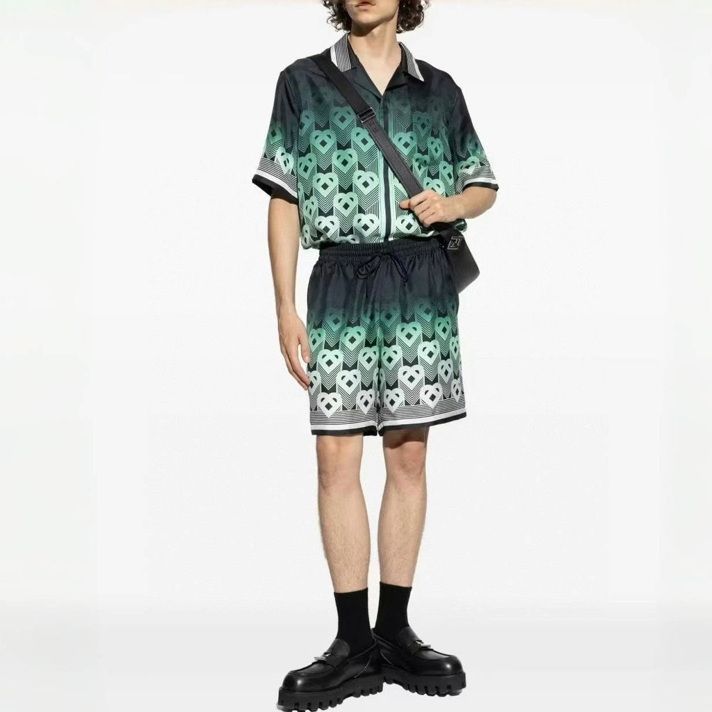 Casablanca Men's Summer Fashion Casual Heart Pattern Silk Button Down Short Sleeve Shirt with Elastic Drawstring Silk Shorts Suit Set #78592