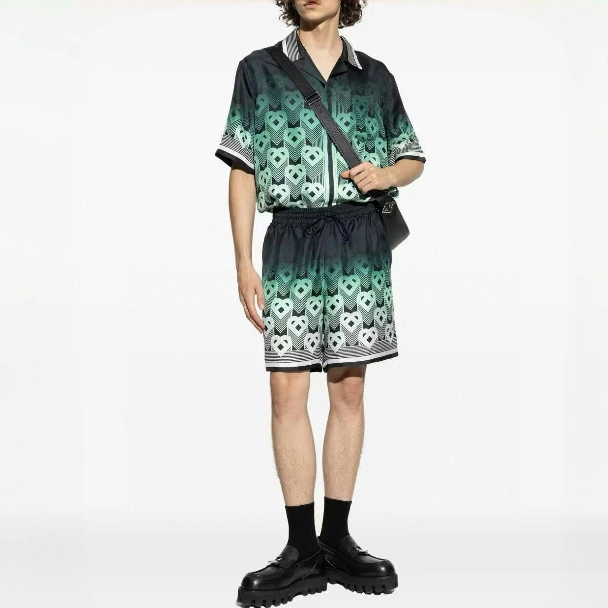 Casablanca Men's Summer Fashion Casual Heart Pattern Silk Button Down Short Sleeve Shirt with Elastic Drawstring Silk Shorts Suit Set #78592