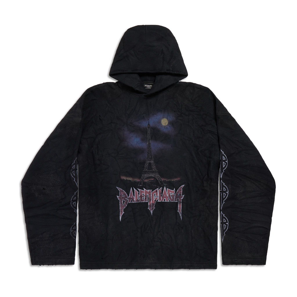 Balenciaga Men And Women With The Same Models Spring And Fall Do Old Do Fake Holes Washed Hooded Sweatshirt Pullover Paris Moon No Pocket Hoodie Oversized Black Faded #72926