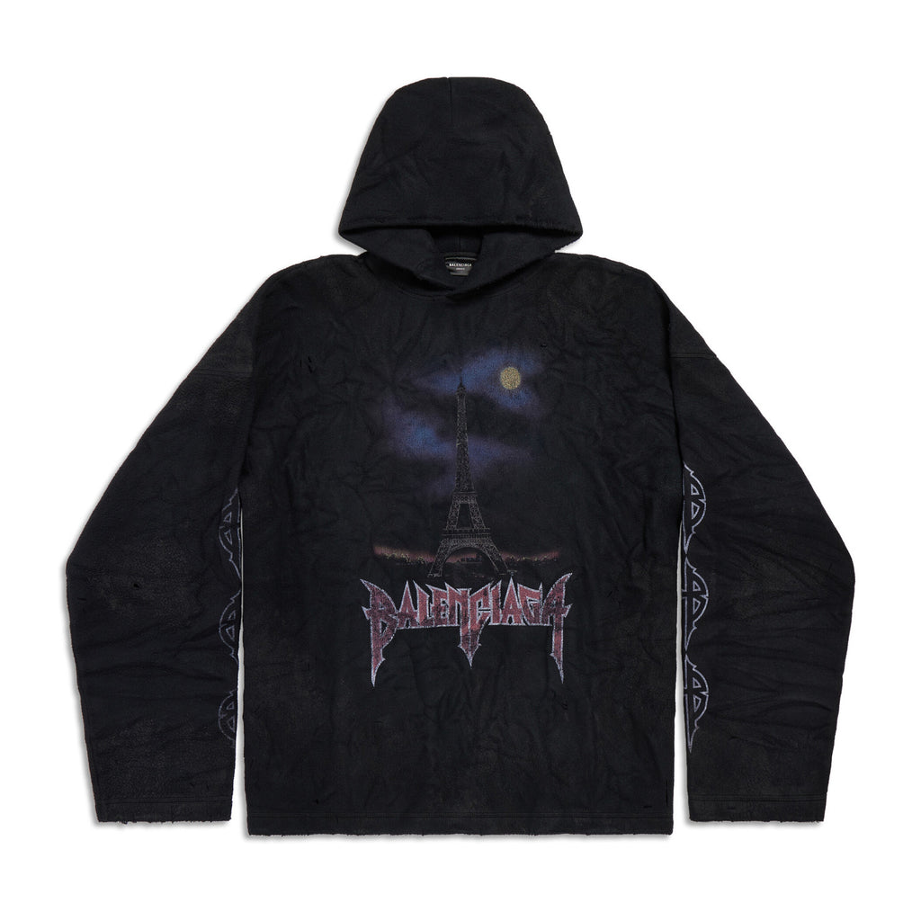 Balenciaga Men And Women With The Same Models Spring And Fall Do Old Do Fake Holes Washed Hooded Sweatshirt Pullover Paris Moon No Pocket Hoodie Oversized Black Faded #72926