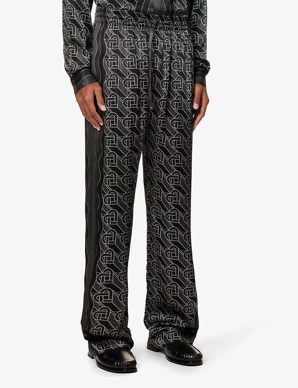 Casablanca Men's Spring And Fall Solid Color Heart Full Print Lapel Long-Sleeved Silk Loose Shirt Casual Elastic Waist Straight Pants Ngvp #8827