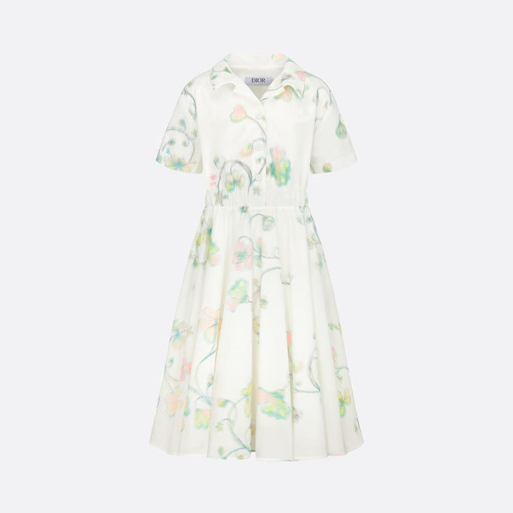 Dior Kid's Summer Floral Printed Lapel Mid-Length Fitted Short Sleeve Flared Dress #31291