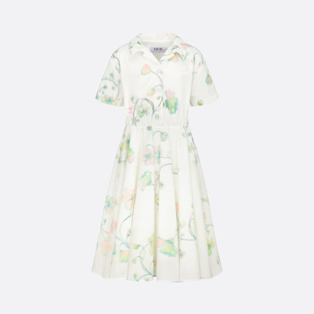 Dior Kid's Summer Floral Printed Lapel Mid-Length Fitted Short Sleeve Flared Dress #31291