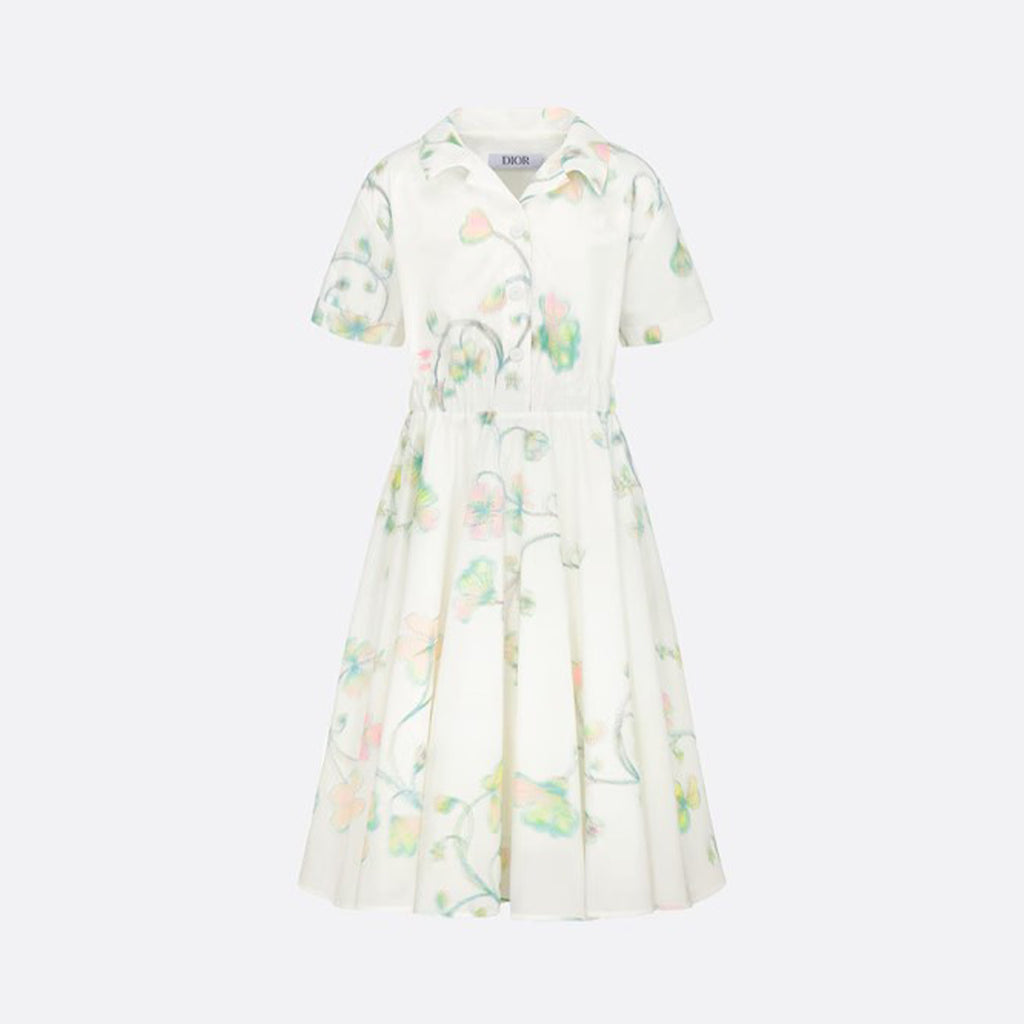 Dior Kid's Summer Floral Printed Lapel Mid-Length Fitted Short Sleeve Flared Dress #31291