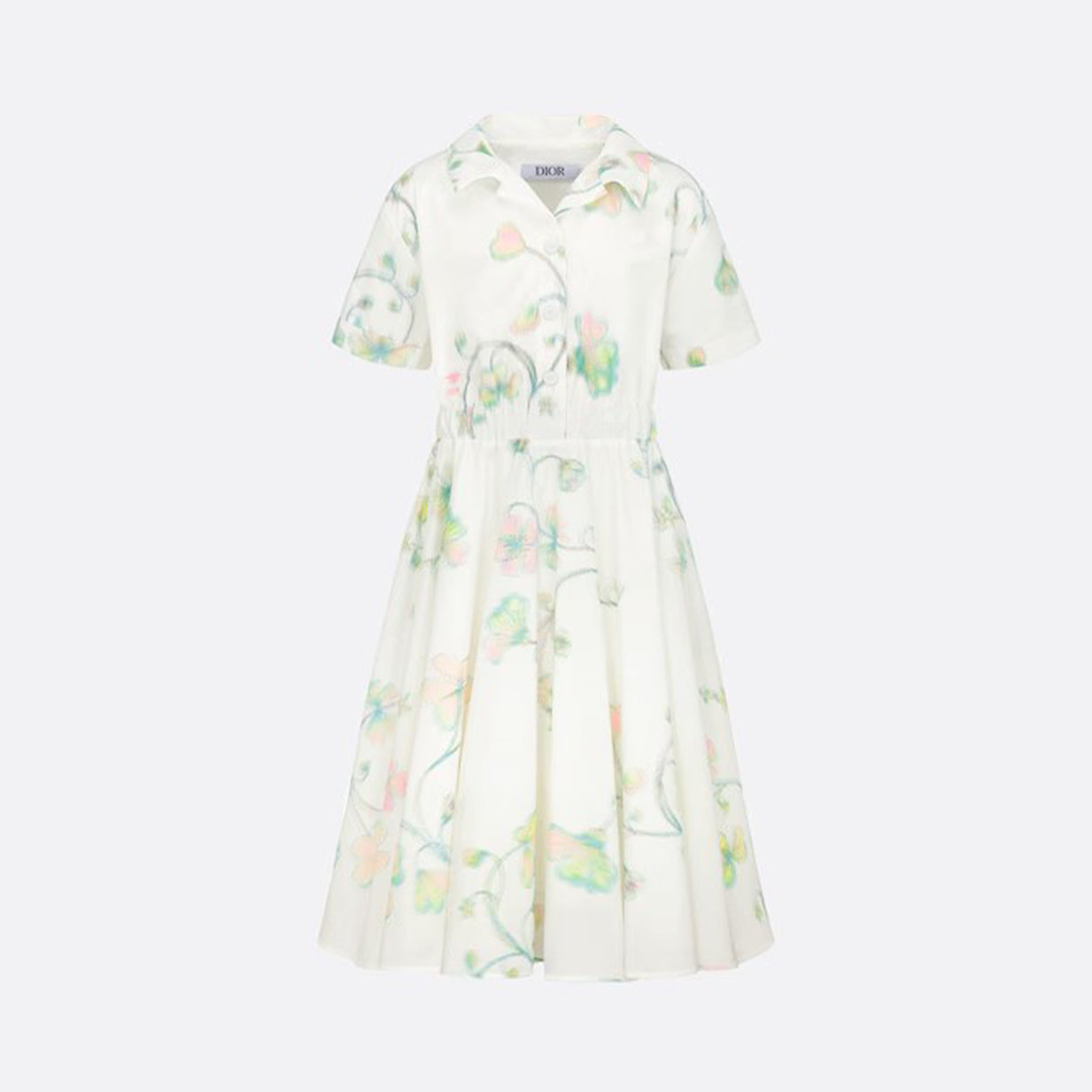 Dior Kid's Summer Floral Printed Lapel Mid-Length Fitted Short Sleeve Flared Dress #31291