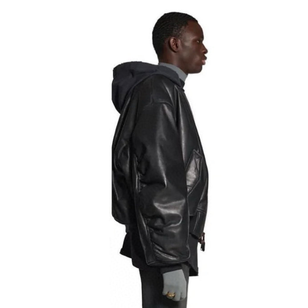 Balenciaga Men's Women's Spring and Autumn Long Sleeve Zipper Loose Black Glossy Cowhide Hooded Aviator Jacket Ngvp #7844
