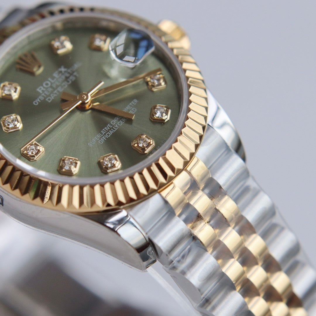 Rolex Women's Log-type Series Automatic Mechanical Movement Water-resistant Diamond-encrusted Green Dial Stainless Steel Bracelet 31mm Watch #77786