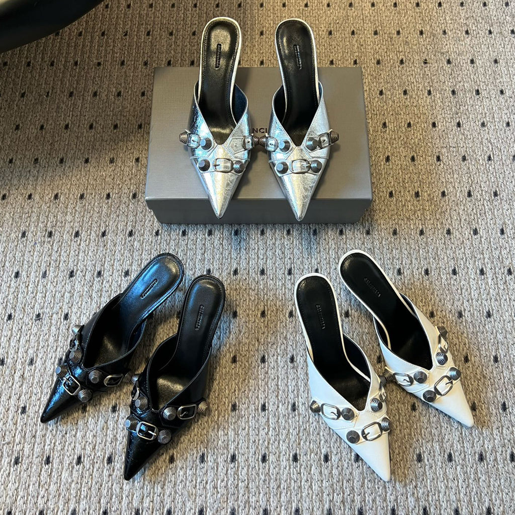 Balenciaga Cowhide Metal Buckle Rivets Pointed Toe Slippers Female External Wear High Heel Half Slippers Fine Heel 8.5cm Ngvp #1594