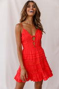 Riley Deep V-Neckline Ruffle Detail Dress Red