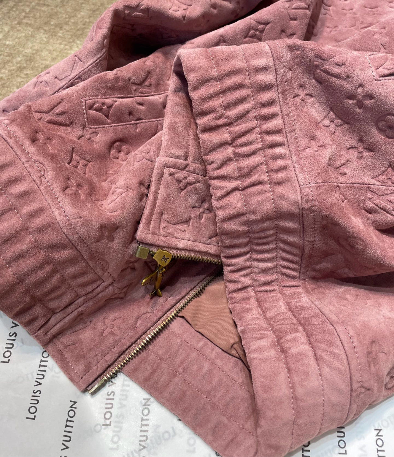 Louis Vuitton Men's Autumn/Winter Solid Color MONOGRAM Embossed Suede Leather Zipper Long Sleeve Sport Jacket #76177