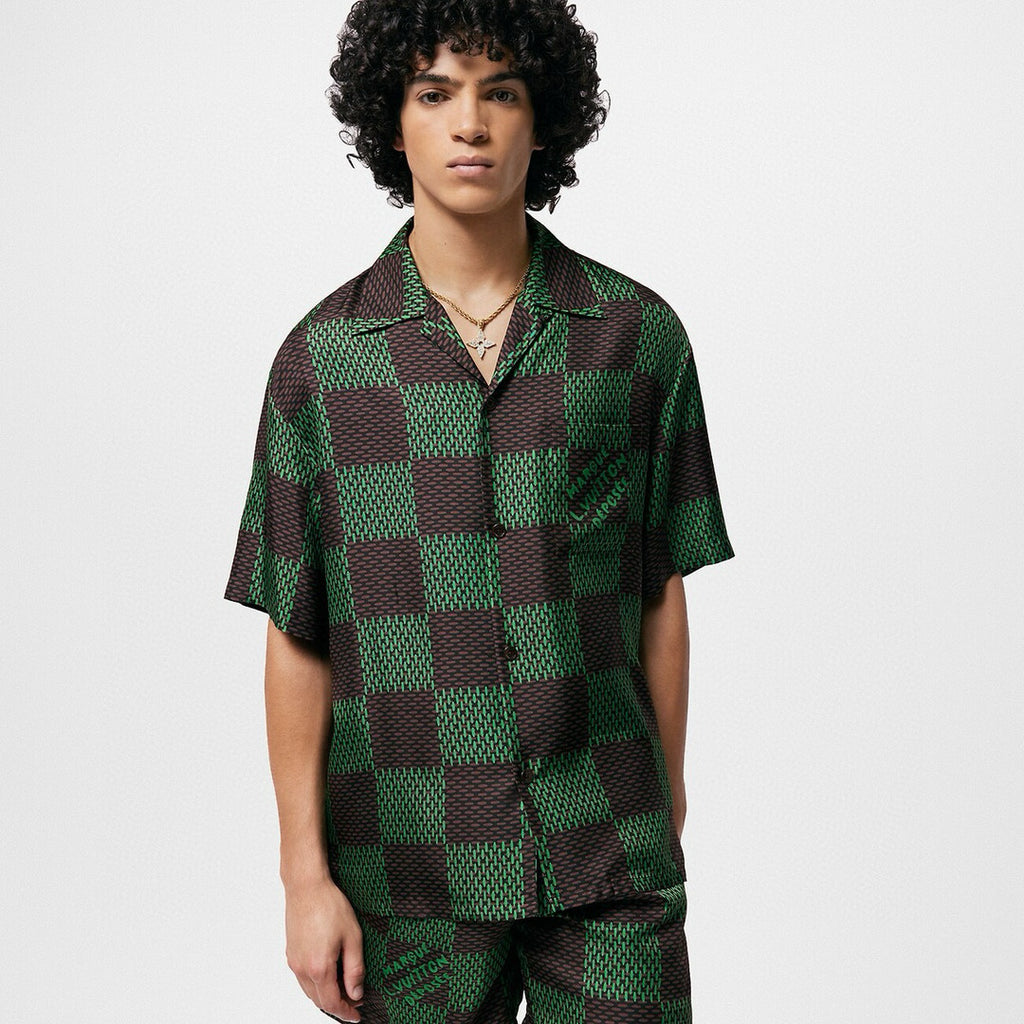 Louis Vuitton Men's Summer Green Checkerboard Logo Pattern Single Breasted Loose Short Sleeved Shirt High Waisted Elastic Leisure Shorts Pants Sei Suit #98616