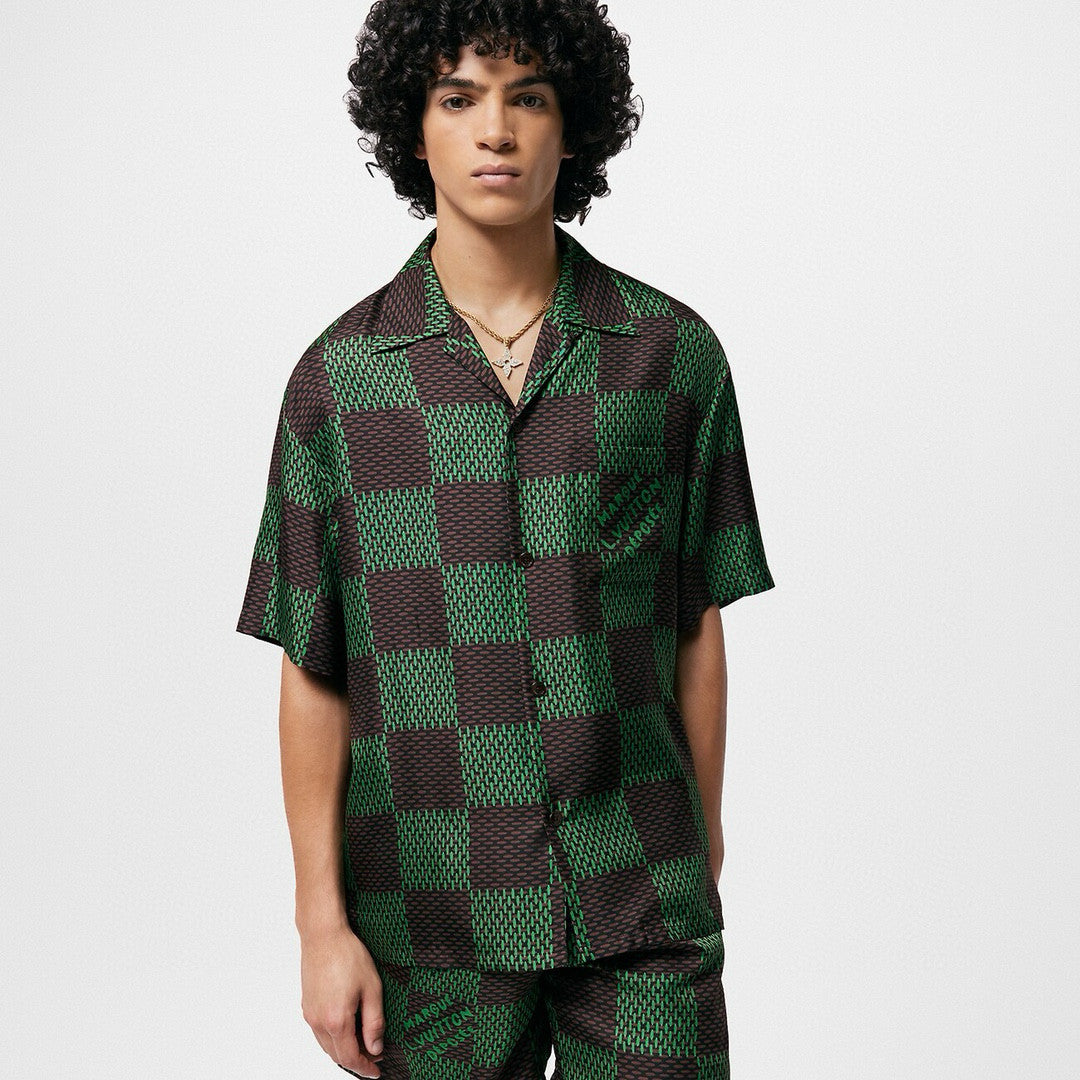 Louis Vuitton Men's Summer Green Checkerboard Logo Pattern Single Breasted Loose Short Sleeved Shirt High Waisted Elastic Leisure Shorts Pants Sei Suit #98616