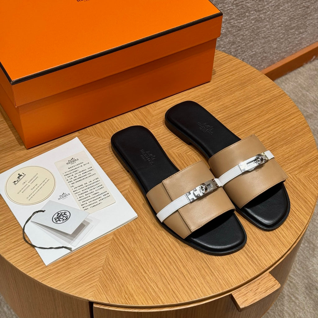 Hermes Giulia Women's Summer Metal Buckle Round Toe Leather Sandals Slippers Shoes #77657