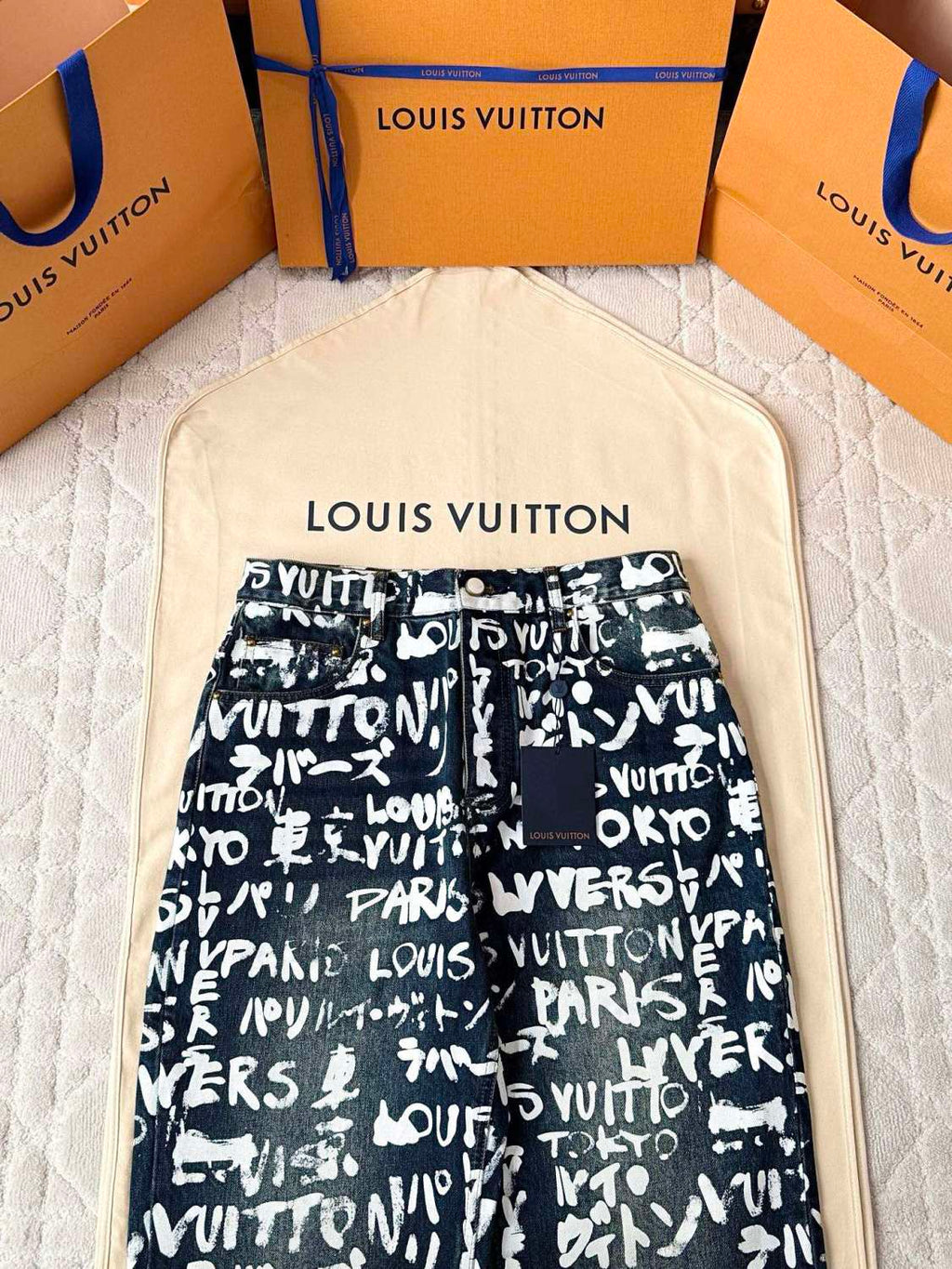 Louis Vuitton Men's Spring/Fall Fashion Casual Full Letter Graffiti Jeans Pants #79433