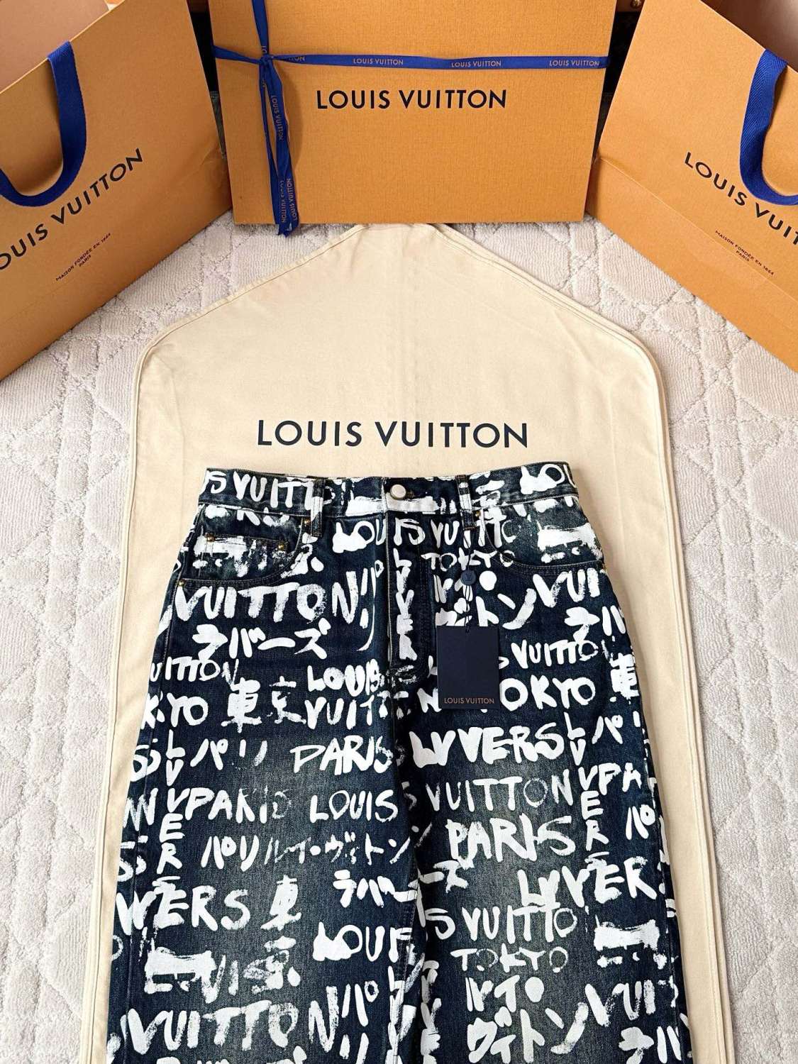 Louis Vuitton Men's Spring/Fall Fashion Casual Full Letter Graffiti Jeans Pants #79433