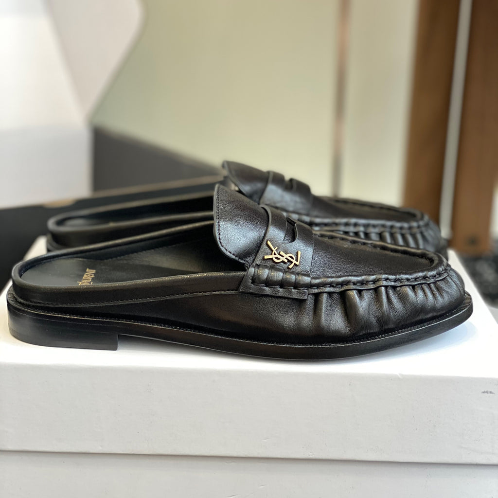 Saint Laurent LE LOAFER Women's Fashion Casual Round Toe Slip On Half Slip On Logo Leather Loafer Mule Shoes #78444