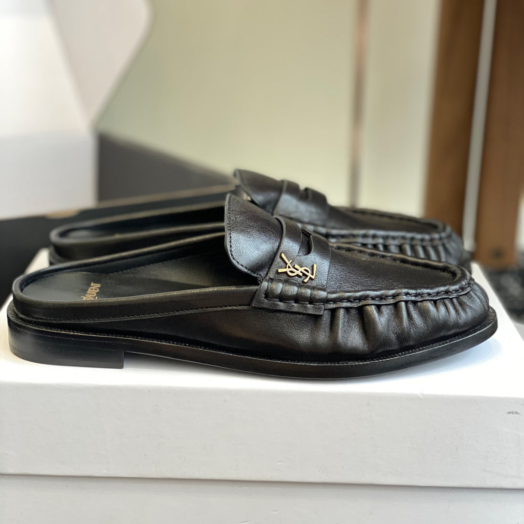 Saint Laurent LE LOAFER Women's Fashion Casual Round Toe Slip On Half Slip On Logo Leather Loafer Mule Shoes #78444