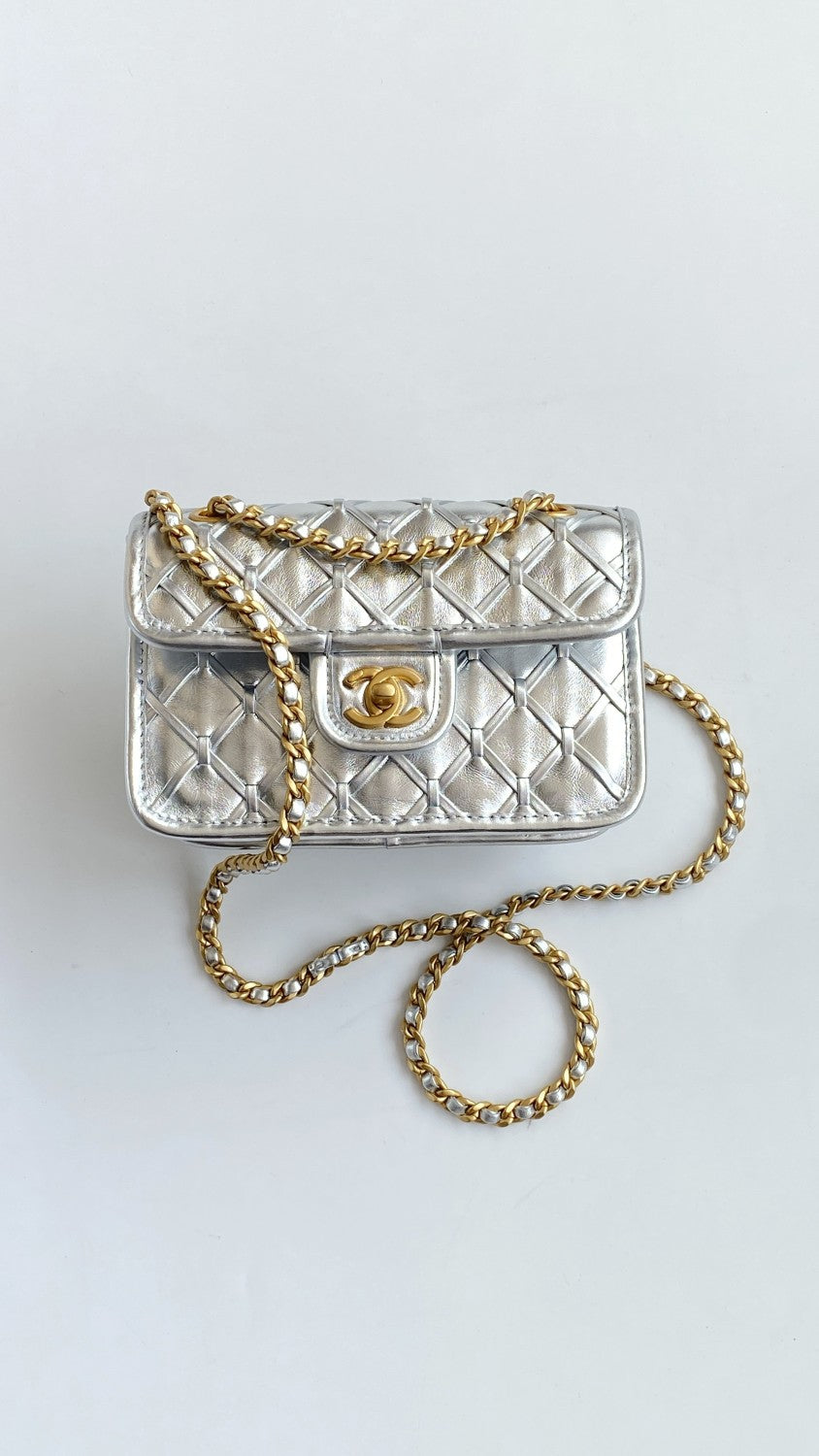 Chanel Women's Silver Lattice Chain Metallic Mirror Calfskin Shoulder Crossbody Bag Bags #76372