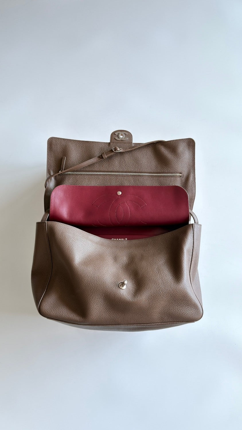 CHANEL Maxi Flapbag Grained Calfskin Silver Metal Light Brown #377491