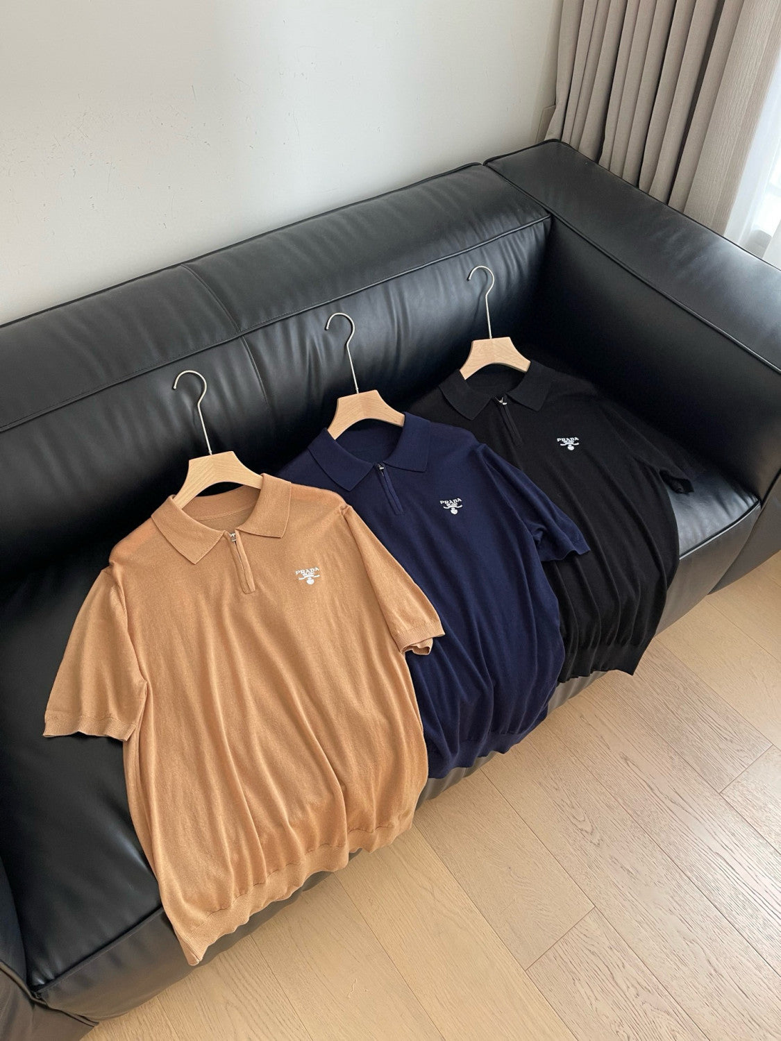 Prada Men's Summer Solid Colour Zip Polo Neck Polyester Lapel Short Sleeve T-Shirt #76682