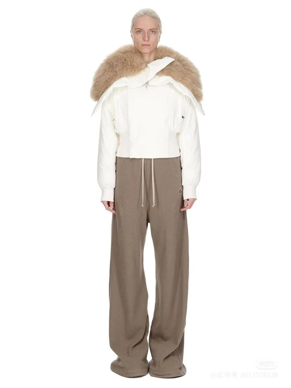 Moncler x Rick Owens Men's Women's Autumn And Winter Large Fur Collar Removable Trend High Street White Down Jacket Zip Hooded Jacket Ngvp #9794