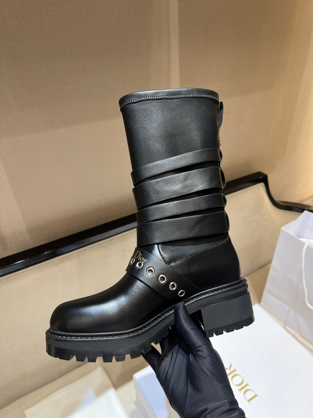 Dior D-Fight Women's Fall/Winter Fashion Classic Round-Toe Leather Ankle Boots with Chunky Heels Shoes #78764