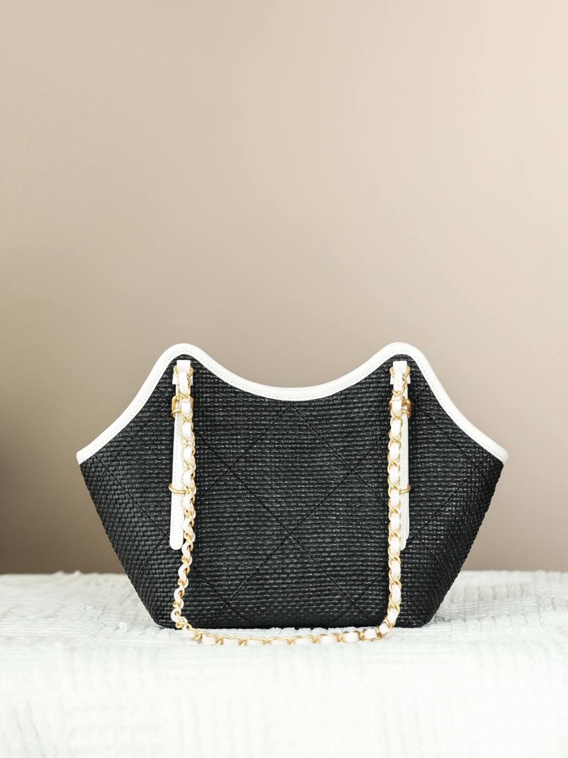 CHANEL Maxi Shopping Bag Braided Raffia Calfskin Gold-tone Metal Dark Beige Black #376633