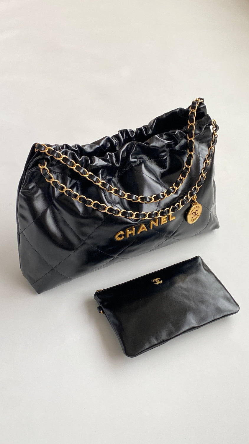 Chanel Maxi Shopping Bag Shint Calfskin Glold Tone Metal Black #335960