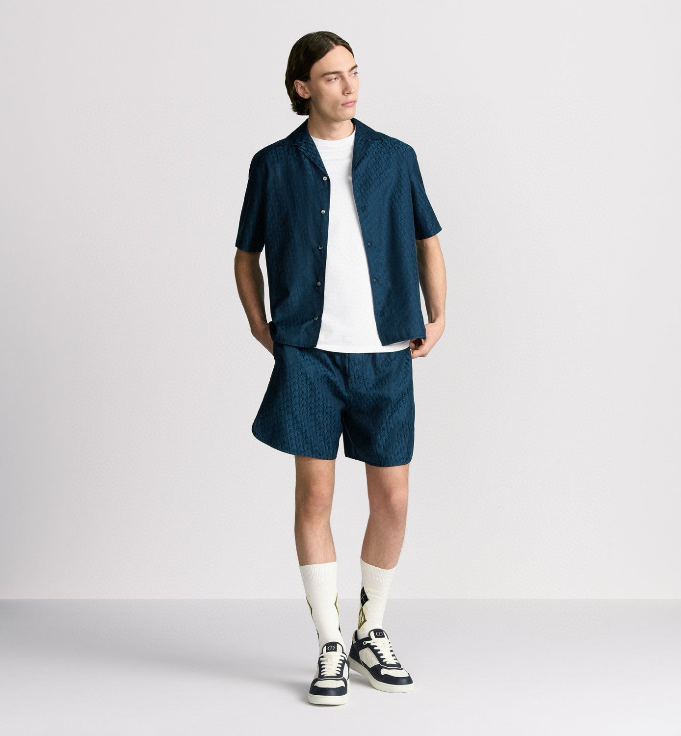 Dior Men's Summer Solid Color Letter Printed V-Neck Single Breasted Short Sleeve Shirt Elastic Waist Shorts Pants Set Suit #76295