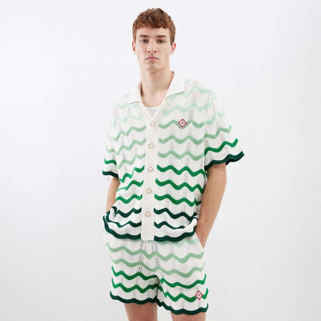 Casablanca Men's Summer Wave Stripe Single Breasted Knit Short Sleeve Shirt Cotton Shorts Pants Suit Set #98831