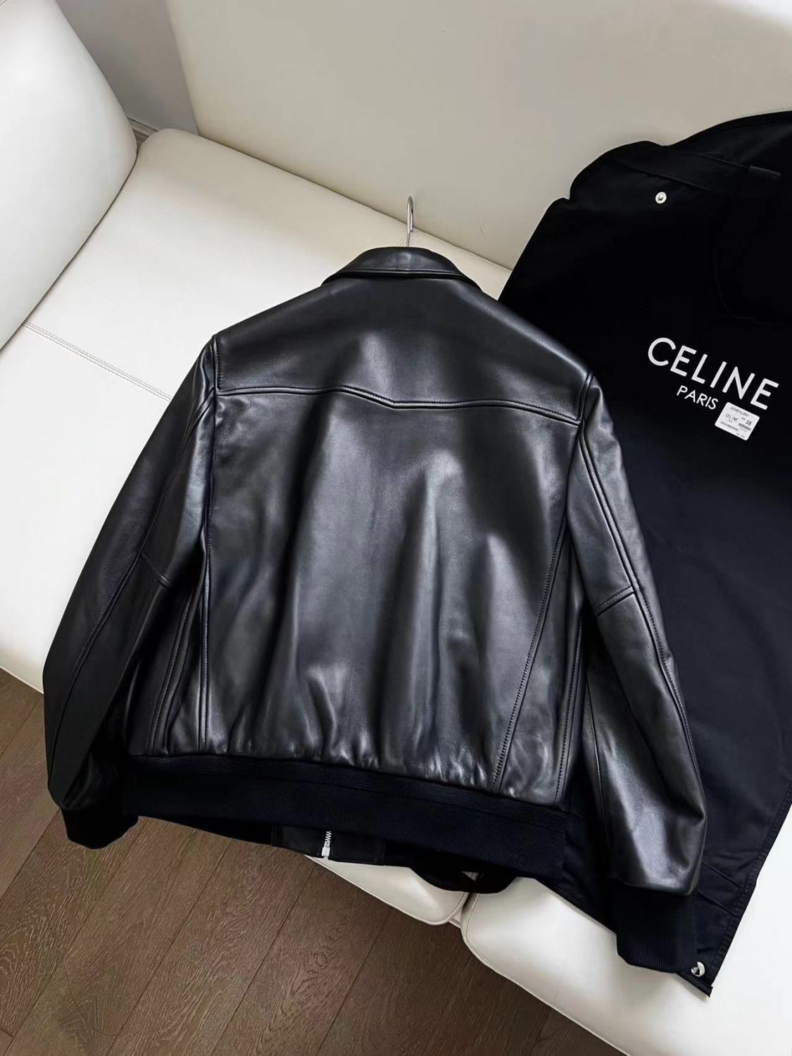 Celine Men's Fall And Winter Black Lambskin Lapel Zipper Long Sleeve Jacket #98456