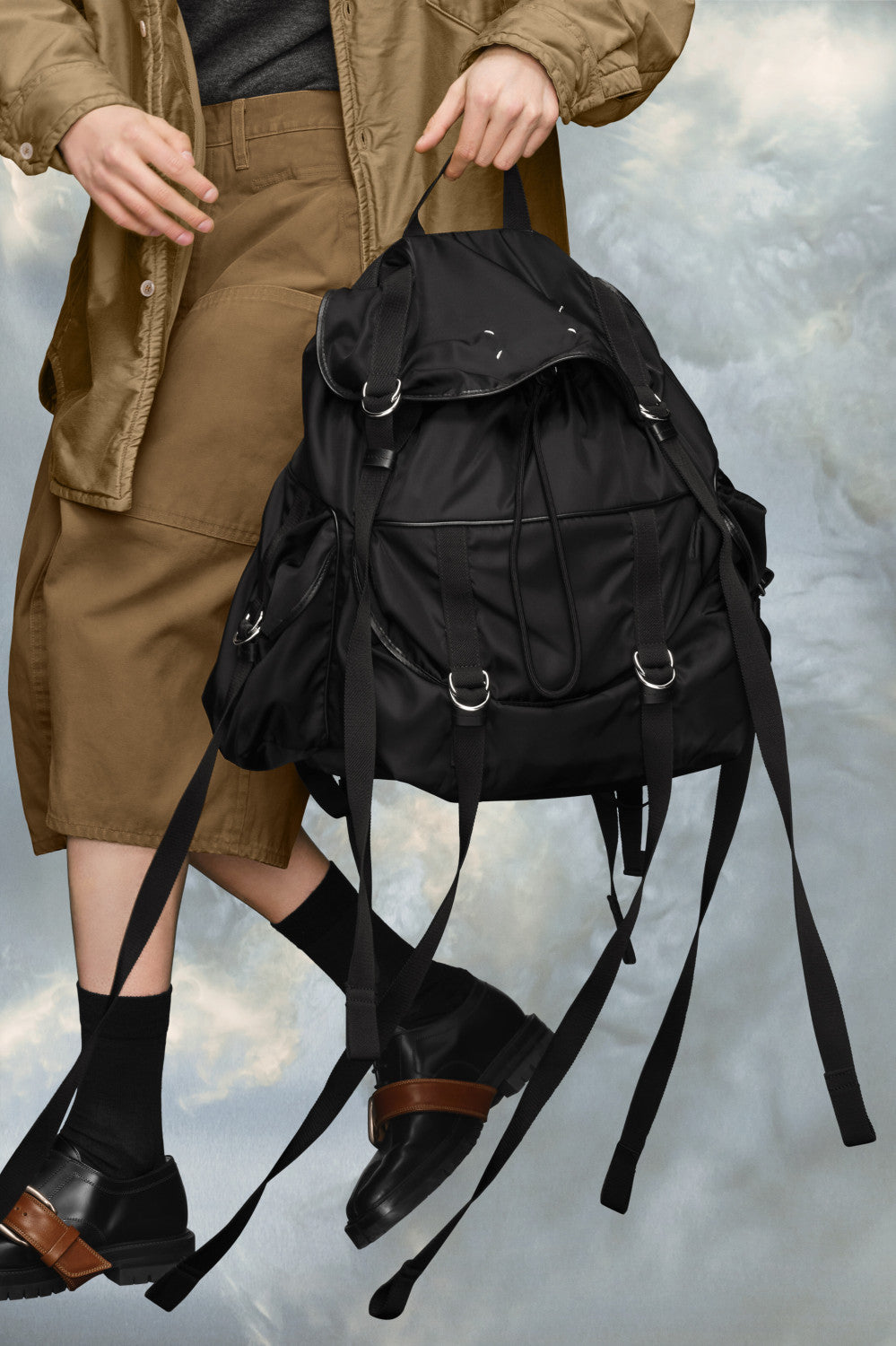 Maison Margiela Men's Nylon Solid Color Adjustable Strap Drawstring Flap High Tech XL Backpack Casual Shoulder Bag Bags SB2WA0013P6763T8013 Ngvp #9919