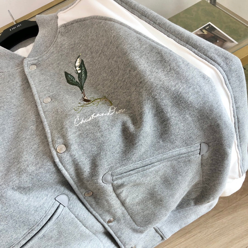 Dior Men's Fall And Winter Embroidery Pattern Single Breasted Round Neck Gray Cotton Long Sleeved Jacket #72232