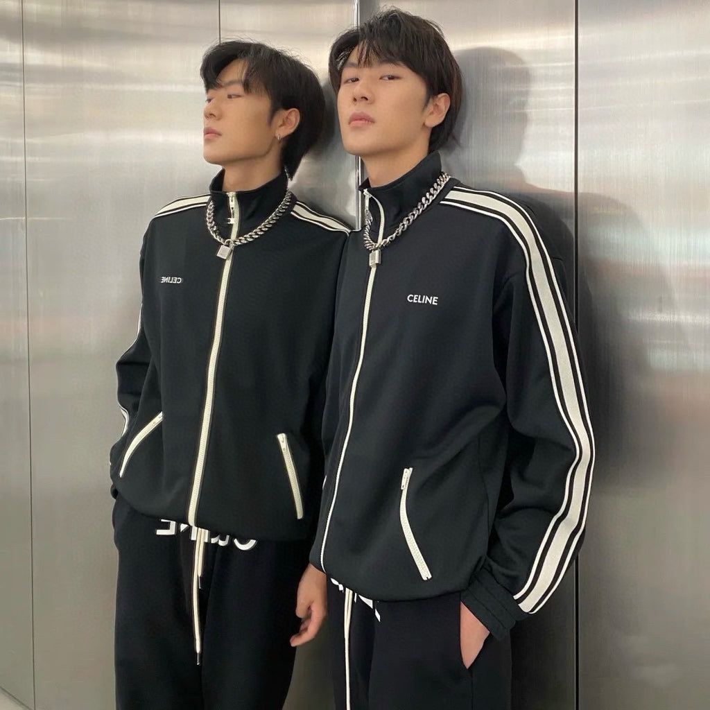 Celine Women's And Men's Spring/summer New Product Logo Sports And Casual Set Striped Letter Black Casual Loose Jacket Long Wide Leg Casual Pants #99577