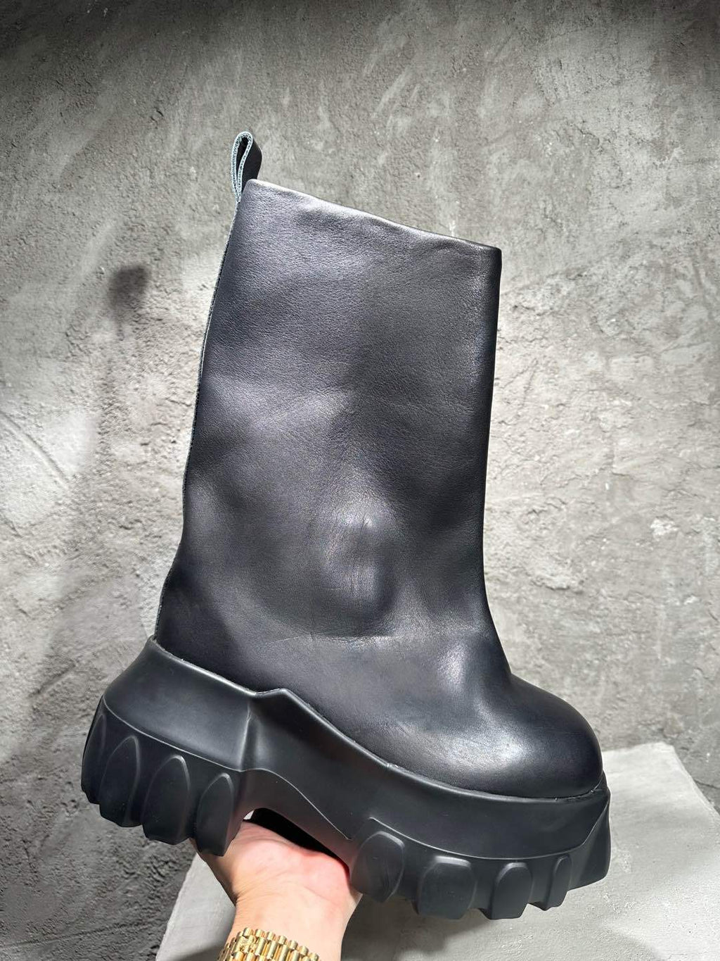 Rick Owens Men's And Women's Solid Color Thick Soled Round Toe Cowhide High Top Boots Shoes #77262