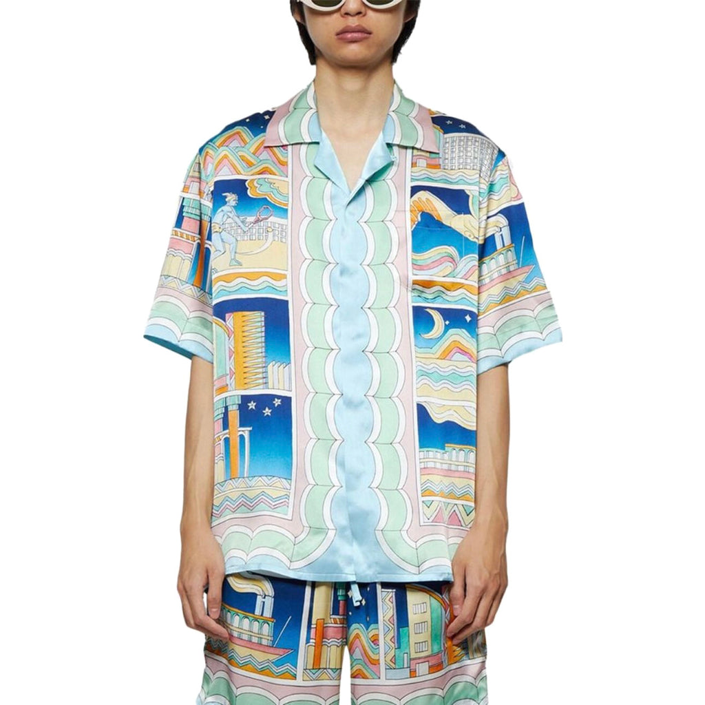 Casablanca Men's Summer City Print Single-Breasted Short-Sleeved Shirt and Casual Drawstring Shorts Set Suit #77128
