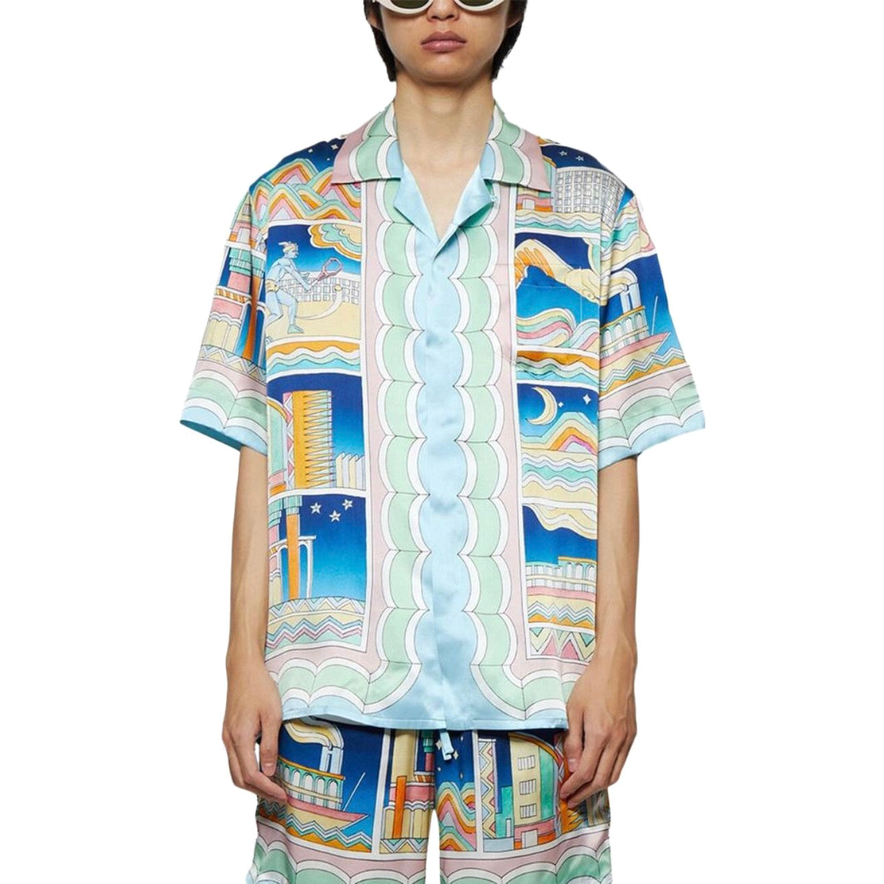 Casablanca Men's Summer City Print Single-Breasted Short-Sleeved Shirt and Casual Drawstring Shorts Set Suit #77128