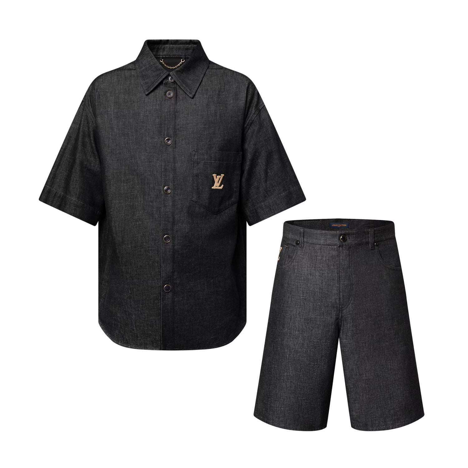 Louis Vuitton Men's Summer Plain Colour Denim Single Breasted Short Sleeved Shirt And Casual Shorts Set Suit #77766