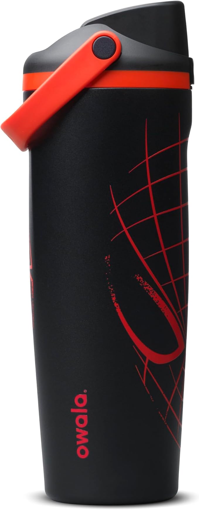 Owala Spider-Man FreeSip Sway Insulated Stainless Steel Water Bottle with Two-Way Spout. Built-in Straw and Bucket Handle. Suitable for School and Sports. 30 oz (approx. 850.5 g). BPA-Free. Leak-Proof. Night Watch